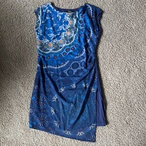 Desigual Blue and White Asymmetrical Ruched Sheath Dress